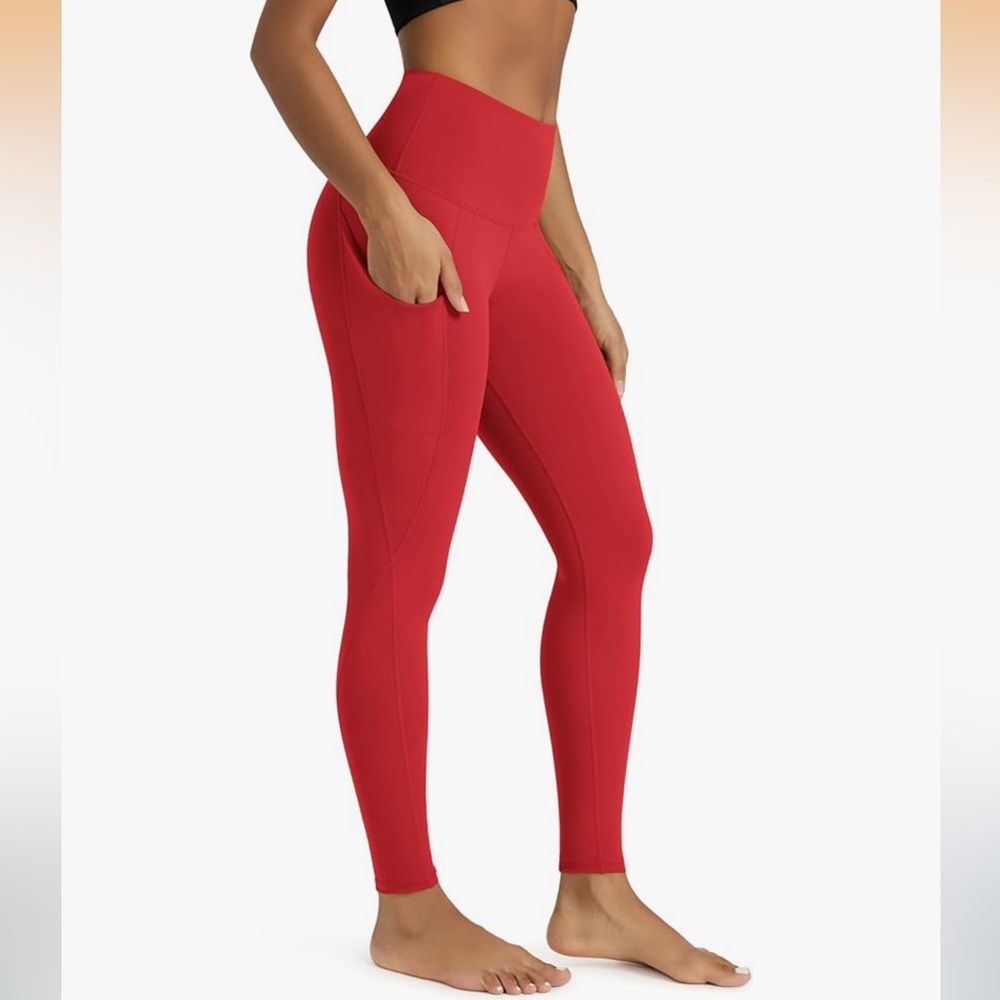 ODODOS Red Women's High Waisted Yoga Leggings with Pockets